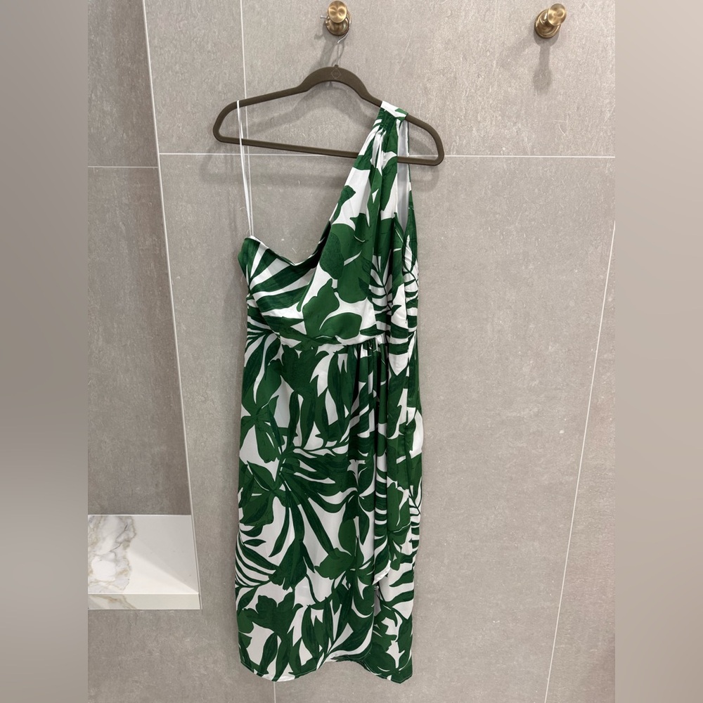NWT - Ann Taylor One-Shoulder Dress in Green Leaf Print